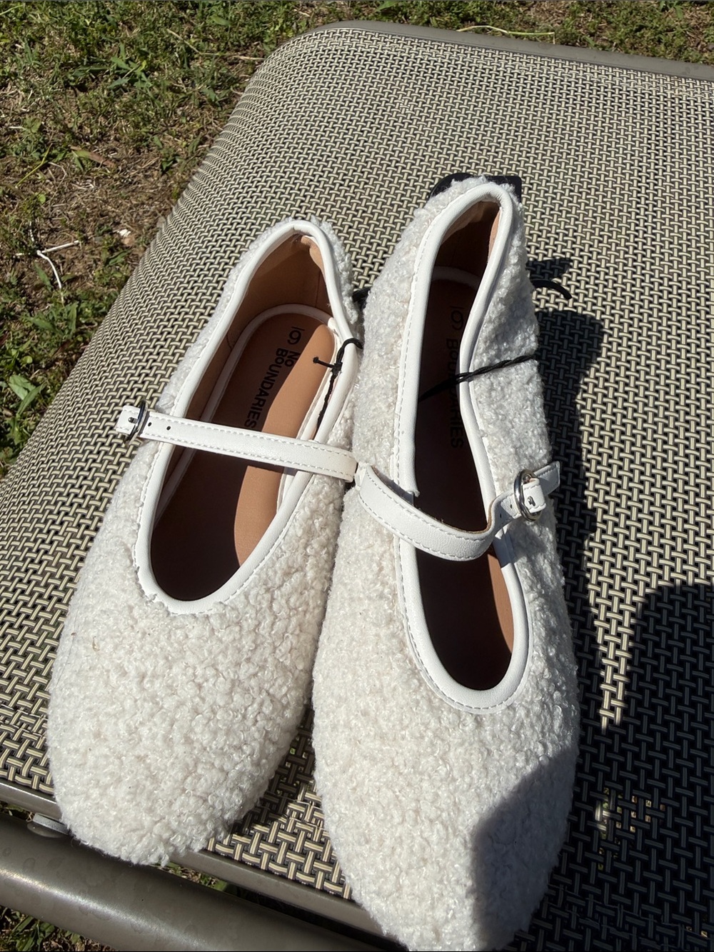 No Boundaries White Faux Sherpa Mary Jane Flats with Buckle